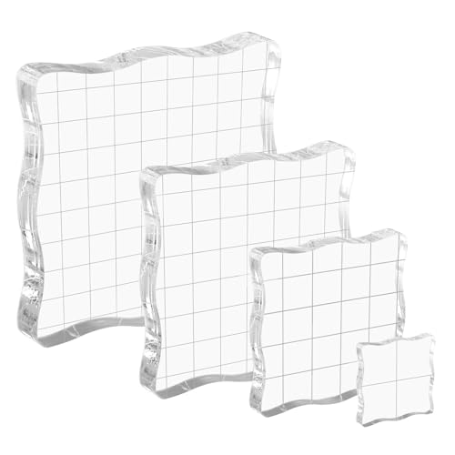 Bloques para Sellos Transparentes, 4 pcs Bloque de Acrílico para Sellos, 2,5/5/7,5/10 cm con Líneas de Rejilla, Adecuados para Cuadernos, Diarios, Tarjetas de Felicitación, álbumes de Recortes