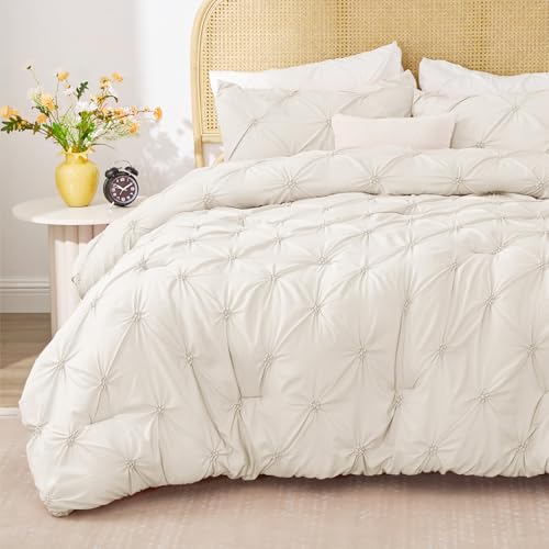 Image of BEDELITE Queen Comforter Set Cream White,Lightweight & Soft Comforter | Pintuck Boho Bedding, Warm & Cute Bed Set for All Season,With 2 Pillowcases