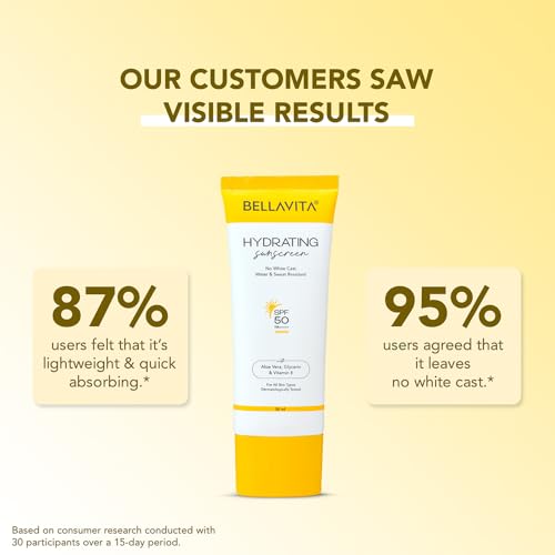 Image of BELLAVITA Water based Hydrating Sunscreen, SPF 50, Lightweight PA+++, For All Skin Types, No White Cast, Non - Greasy Finish, UV Protection, Broad Spectrum, For Men & Women, 50ML x 2