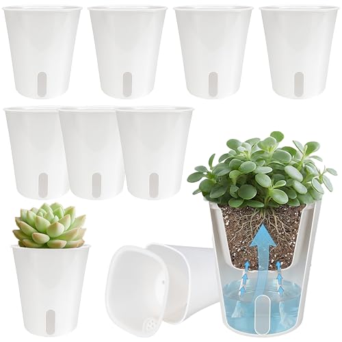 FYRIXONE 10 Pack 3 Inch Self Watering Pots for Indoor Plants, White Plastic Planters with Water...