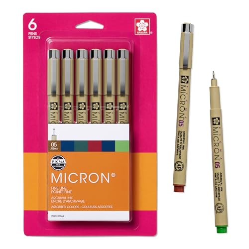 SAKURA Pigma Micron Fineliner Pens - Archival Black & Colored Ink Pens - for Writing, Drawing, or Journaling - Black & Assorted Colored Ink - 05 Point Size - 6 Pack
