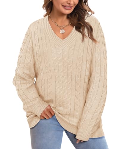 Image of CARCOS Plus Size Sweaters for Curvy Women Long Sleeve Cable V Neck Sweater Knit Pullover Preppy Style Fall Winter XL-5XL