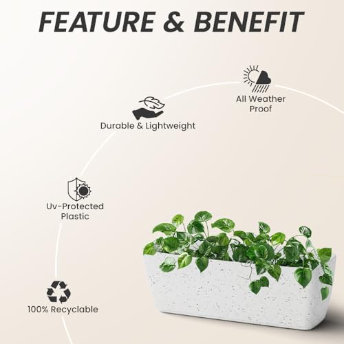 Image of YUCCABE ITALIA SHERA CABI Tray 16 INCH Plastic Flower Tray Pot Unbreakable Rectangular Planter Suitable for Home Garden Seedling Indoor and Outdoor (Marble White, Pack of 3)