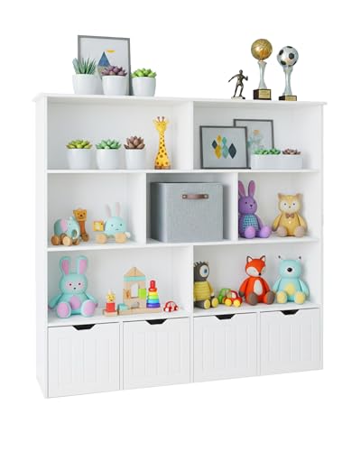 Amveya Estanteria Libros Infantil, Libreria Infantil, Almacenaje Juguetes con 4 cajones móviles, Organizador Juguetes con 7 Compartimentos Abiertos (125.5x33x118 cm)