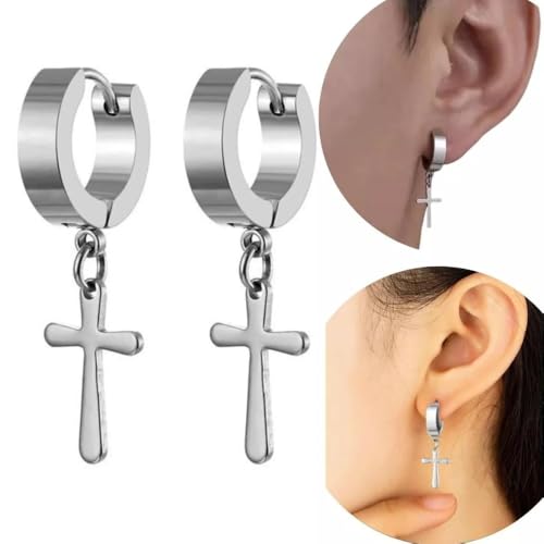 Brinco Unissex Argola Cruz de Aço Inox Antialérgico, Par Perfeito para Homens e Mulheres