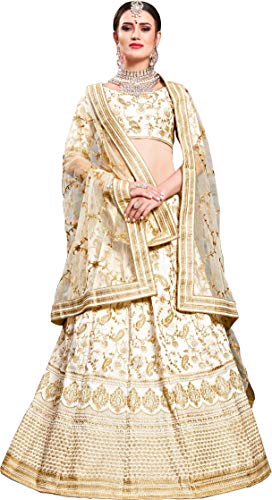 Divine International Trading Co Women's Bridal Dulhan Collection Indian Wedding Silk Lehenga Choli with Dupatta(Pearl White, Free Size)