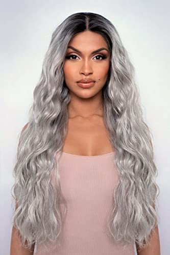 PORSMEER Long Ash Grey Blonde Wavy Curly Wigs for Women Middle Part Natural Looking Synthetic Heat Resistant Hair Ombre Wigs with Dark Roots for Ladies UK Daily or Halloween Party 30 inch - Image 2