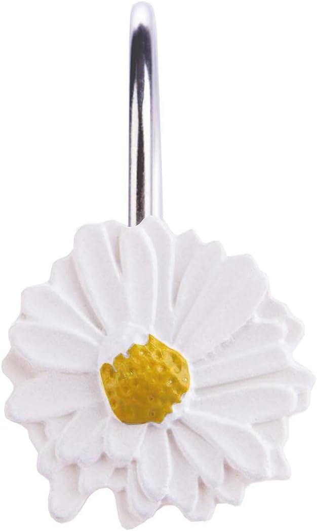 Dimaka Daisy Shower Curtain Hooks,12PCS Decorative Rust-Proof Resin Stainless Steel Flower White Shower Rings for Bathroom,Bedroom,Baby Room Decor(White Daisy)