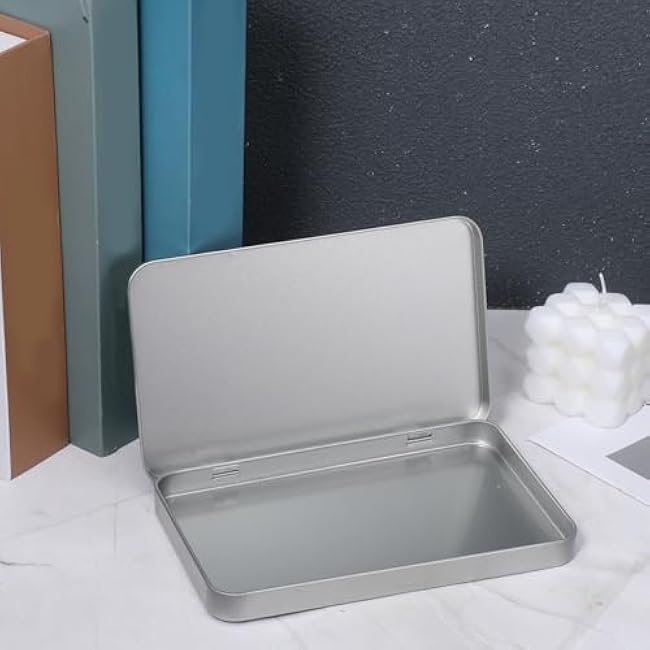 2 Pack Silver Rectangular Tins, Portable Storage Box Containers, Rectangular Metal Tin Boxes, Metal Tin Box with Hinged for Pen Eraser Craft Photos Sticky Notes