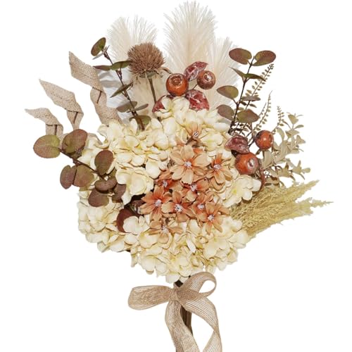 BINFEN 28Pcs Boho Artificial Dried Hydrangea Flower Bouquet with Berries, Burlap Pampas, Burgundy & Green Ombre Leaves, Fake Fall Winter Thanksgiving Harvest Floral Arrangement Vase Centerpieces, 17'