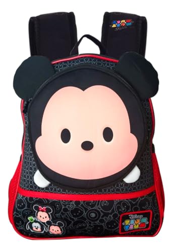 Mochila Escolar Infantil Mickey Mouse Disney Tsum Tsum, Alça de Costas Acolchoada, Preto/Vermelho