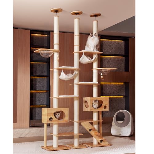 Image of Wood Cat Tree for Indoor Cats, Modern Cat Tower, Unique Cat Condo with House, Tall Luxury Furniture with Heavy Duty Wide Base, Kraft Paper Rope Scratching Post, Removable Cushion (96.5-118.1 inch)