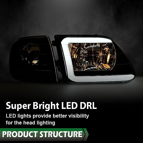 Image of GRAND ORANGE LED DRL strip Headlights Assembly Fit Ford Expedition 1997-2002 /Fit Ford F150 1997-2004 /Fit F250 1997-1999 Clear Lens Black Housing Amber Reflector