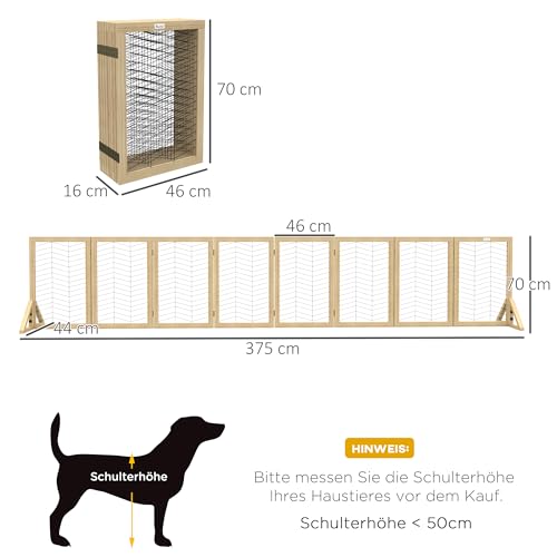 PawHut Hunde Absperrgitter aus Holz, Türschutzgitter, Klappbares Hundegitter mit 8 Platten, Hundeabsperrgitter, Treppenschutzgitter, Kamingitter für Ofen, Natur, 375 x 44 x 70 cm