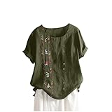 Womens Cotton Linen Embroidered Tops Casual Summer Boho T Shirts Short Sleeve Floral Blouses Army Green
