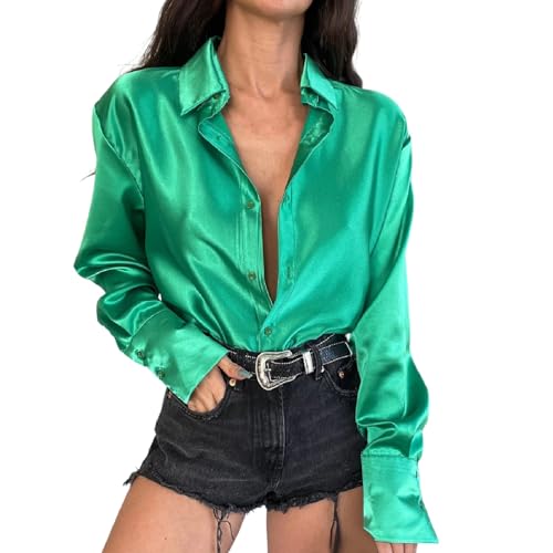 Blusa genérica para mujer de satén de seda elegante para oficina, modelo largo casual de manga larga y corte suelto, verde, S