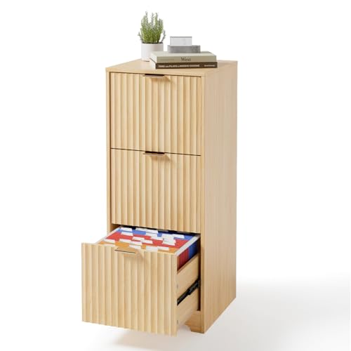 VINGLI Tall 3 Drawer File Cabinet, Home Office Filing Organizer, for Letter Size File Folder Storage, Modern Style Fluted Design, Wood Vertical Filing Cabinet, Printer Stand, Archivador (Oak)