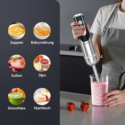 FRESKO Stabmixer, 1000W Edelstahl pürierstab mit 12 Geschwindigkeitsstufen, TURBO-Taste, 700ml Becher mit Deckel für die Zubereitung von Soße, Babynahrung und Suppe