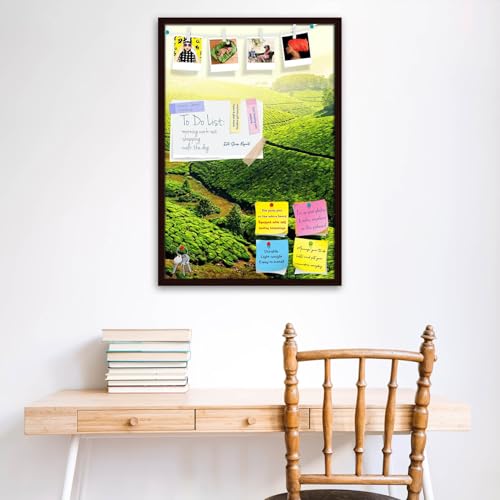 Image of ArtzFolio Tea Plantations, Munnar, Kerala | Bulletin Board Notice Pin Board | Vision Soft Board Combo with Thumb Push Pins & Sticky Notes | Dark Brown Frame | 12 x 18 inch (30 x 46 cms)