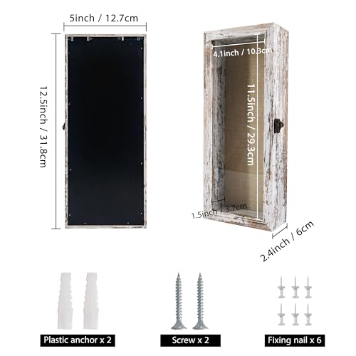 Image of GraduationMall 5x12.5 Wood Shadow Box Frame Glass Door Display Case with Linen Back and 6 Stick Pins,1.5 inches Interior Depth,Ideal for Memorabilia Pictures Flowers Medals Tickets Rustic White