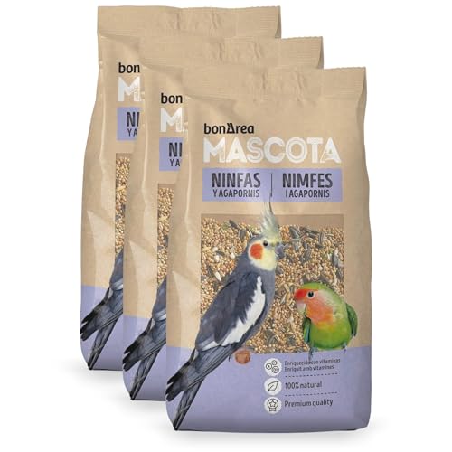 BonÀrea - Mixtura de Semillas - 3 x 1 KG - Ninfas y Agapornis Alimento 100% Natural - Enriquecido con Vitaminas - Alimentación Completa y Equilibrada - Fabricado en España