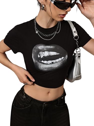 WDIRARA Women's Graphic Lip Print Crop Tee Shirt Round Neck Short Sleeve T-Shirt Slim Fit Top2