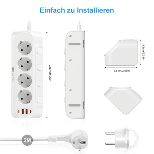 Rozdzielacz z USB, 4-gniazdowa listwa zasilająca z wyłącznikiem, wielofunkcyjna listwa zasilająca z 2 USB i 2 Type-C, 8 w 1 rozdzielacz z płaskim wtykiem z 2-metrowym kablem dla smartfonów, do domu