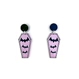 Purple and Black Bat and Coffin Earrings, Halloween Novelty Casket Earrings