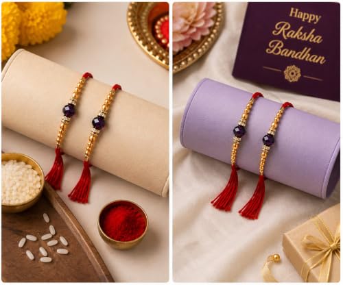 Image of Canfinity Premium Designer Rakhi Set for Brother Pack of 2 | Purple Crystal Beads & Golden Pearl Handmade Rakhi | Traditional Raksha Bandhan Thread Bracelet for Bhai | Fancy Festival Rakhi Gift | Skin Friendly, Lightweight, Comfortable, Durable & Elegant Design for Raksha Bandhan Celebration