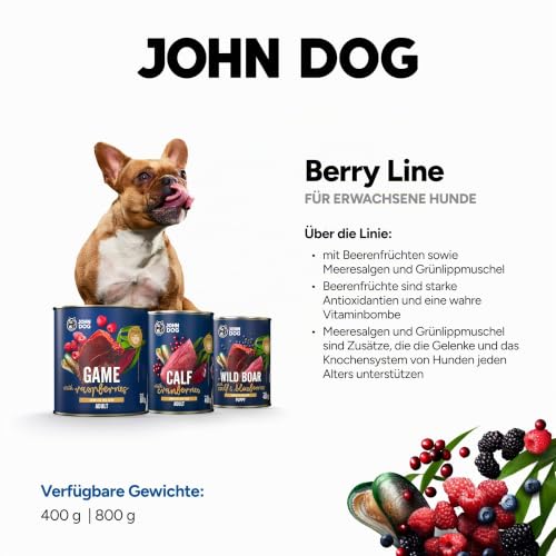 John Dog Hundefutter für Hunde Berry Line Wildschwein mit Himbeeren - Getreidefrei Hundenassfutter mit Superfoods und 96% Fleisch & Innereien - Nassfutter für Erwachsene Hunde 6 x 400g