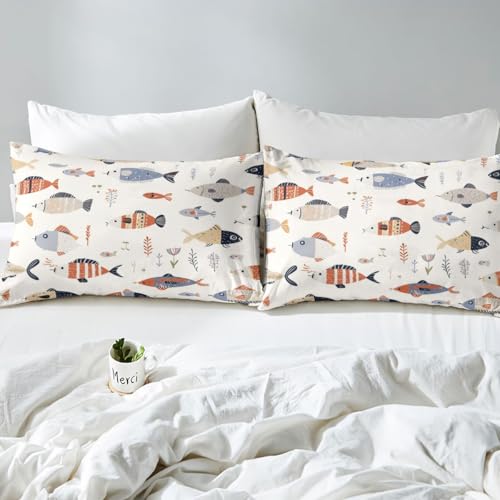 Image of jejeloiu Fish Bed Sheets Set Full Size Ocean Sea Animal Deep Pocket Fitted Sheet Marine Theme Bedding Sets Marine Theme Soft Bed Set 4Pcs with 2 Pillow Cases