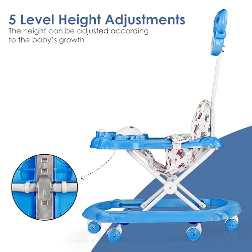 Image of BabyGo Tintin Baby Walker for 6-24 Months, Baby Walker with Push Handle & Activity Tray - Foldable Adjustable Height Infant Walker with Wheels, Music,Toy Bar and Comfotable seat (Blue)