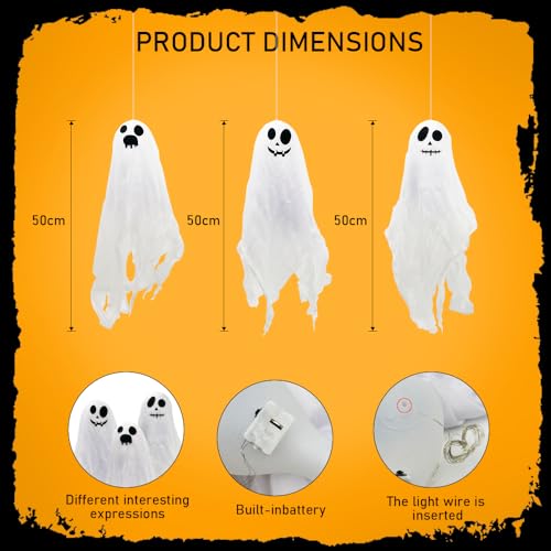 Halloween Deko Geist Mit Warmweißen LED, 3 Stück Halloween Hängende Geister Deko 45cm, Helloween Ghosts, Halloween Geistergesicht Windsack, Halloween Deko Für Hof, Garten, Terrasse, Rasen, Partydekor