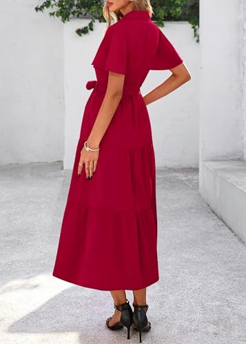 Image of KIRUNDO Summer Button Down Wedding Guest Shirt Dresses for Women Maxi Flutter Short Sleeve Flowy Tiered Beach Sun Dress