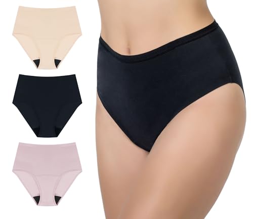 Image of AIRCUTE Washable Urine Absorbency Incontinence Underwear for Women Bladder Leak Proof Cotton Panties 60ML 3 Pack(Black-Beige-Dusk, X-Large)
