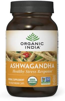 ORGANIC INDIA Ashwagandha Herbal Supplement - Vegan, Gluten-Free, Kosher, USDA Certified Organic, Non-GMO, Supports Mood, Endurance, Vitality & Strength - 90 Capsules