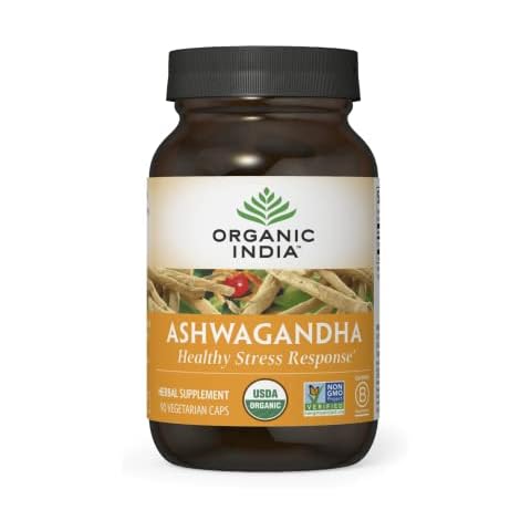 ORGANIC INDIA Ashwagandha Capsules - Organic Ashwagandha Supplement - Vegan Ashwagandha Root, Gluten-Free, Kosher, Non-GMO, Supports Stress Relief, Energy, and Sleep - 90 Capsules Cover
