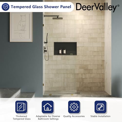 Image of DeerValley 32 inchx78 inch Frameless Shower Glass Panel, 3 /8'' (10mm) Fixed Glass Shower Panel, Tempered Glass Door, Bathroom Shower Screen with Hardware (Brushed Gold)