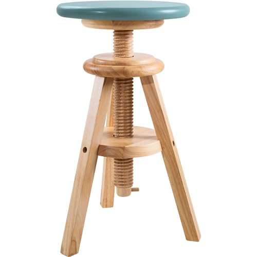 Butaco giratorio de madera maciza ajustable, base natural y asiento turquesa | Altura ajustable de 48 a 64 cm, caoba natural miniatura 1