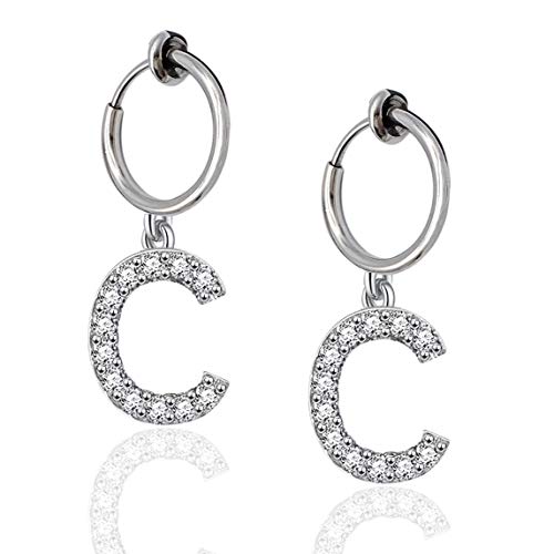 Lanxy Initial Letter C Clip On Earrings Silver Tone 0.5IN(13mm) Stainless Hoop Earrings Alphabet Clip On Earrings for Women Girls No Piercing