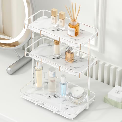 Image of Bathroom Organizer Countertop Perfume Organizer Makeup Organizer Cosmetics Storage Display Rack Vanity Tray Dresser Stainless Steel Gold Shelf White Marble Ceramic Tray