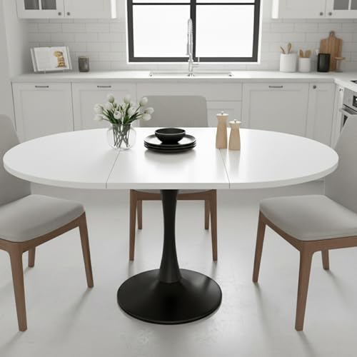 Aislinglen Mesa de comedor redonda extensible blanca con patas negras 100 – 140 x 100 x 75 cm, mesa extensible comedor para 4 – 6 personas, mesa de cocina para comedor, cocina, salón (redondo C)