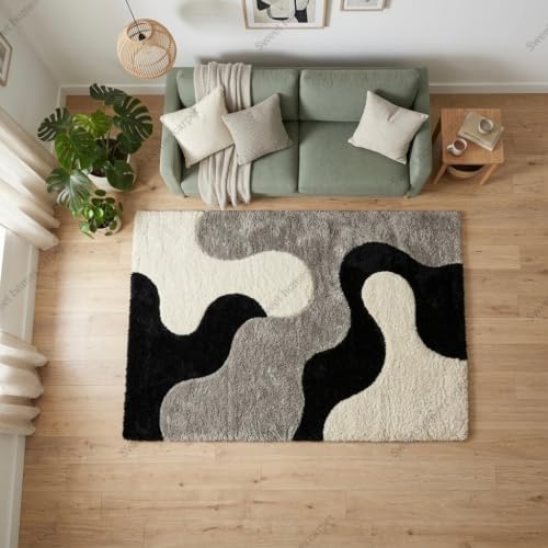 Image of SWEET HOMES Carpets for Bedroom, Handwoven Shaggy Abstract Area Rug | Ultra Soft Shag, 8 x 10 Feet (244 x 305 cm), Black Silver