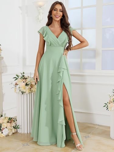 Women's Chiffon Bridesmaid Dresses Long with Slit Ruffled A Line Evening Gown Party Maxi Dress4