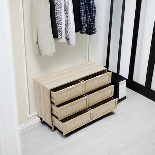 Angel-Sar-Rattan-Dresser-for-Bedroom-6-Drawer-Wide-Dresser-BohoFarmhouse-Chest-of-Drawers-43-Clothes-Storage-Cabinet-Metal-HandleWood-Legs-for-Hallway-Living-Room-Bedroom-Wood Angel Sar Rattan Dresser for Bedroom 6 Drawer Wide Dresser BohoFarmhouse Chest of Drawers 43 Clothes Storage Cabinet Metal HandleWood Legs for Hallway Living Room Bedroom Wood