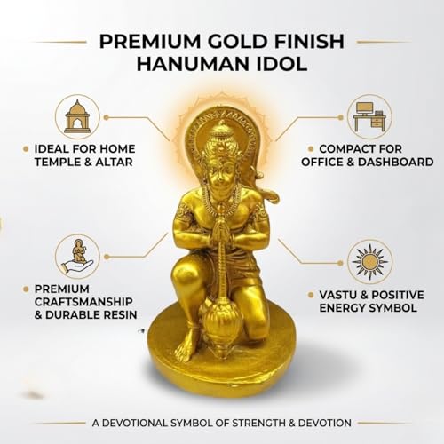 Image of Divine Hanuman Ji Idol in Golden Finish | Kneeling Pose Hanuman Murti for Home Temple Pooja Room Decor | Resin Bajrangbali Figurine for Devotional Gift & Spiritual Strength Display