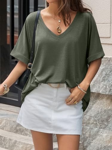 Image of UNCLECAT Womens V Neck Oversized T-Shirts Summer Short Sleeve Loose Tops | Plus Size, Rolled-up Sleeves, Trendy Fashion Clothes, Deep V Neck, Casual Basic Tee