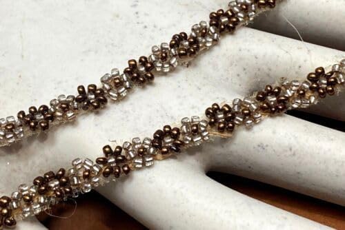 Copper & Silver Vintage Miniature Trim Hand Beaded 1960s Flowers 1/4" Glass 1yd Copper Silver Fabric