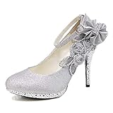getmorebeauty Women's Glitter Silver Lace Flower Sequins Strappy Closed Toes Dress Wedding Shoes 9 B(M) US