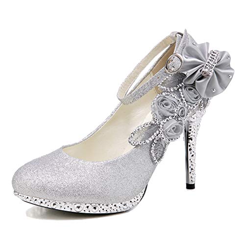 getmorebeauty Brial Shoes Glitter Wedding Shoes for Bride Silver Women Heels Ankle Strap Dress Shoes Closed Toe Sequin Flower(US 9, Silver Flower)